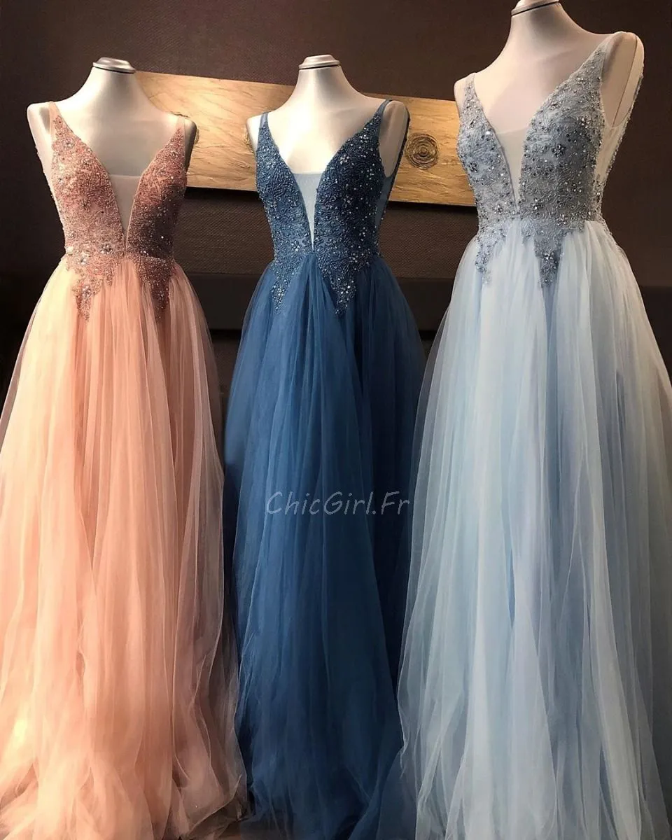 Belles Robe De Bal Princesse Longue Tulle Perle Décolleté Col V Dos Nu