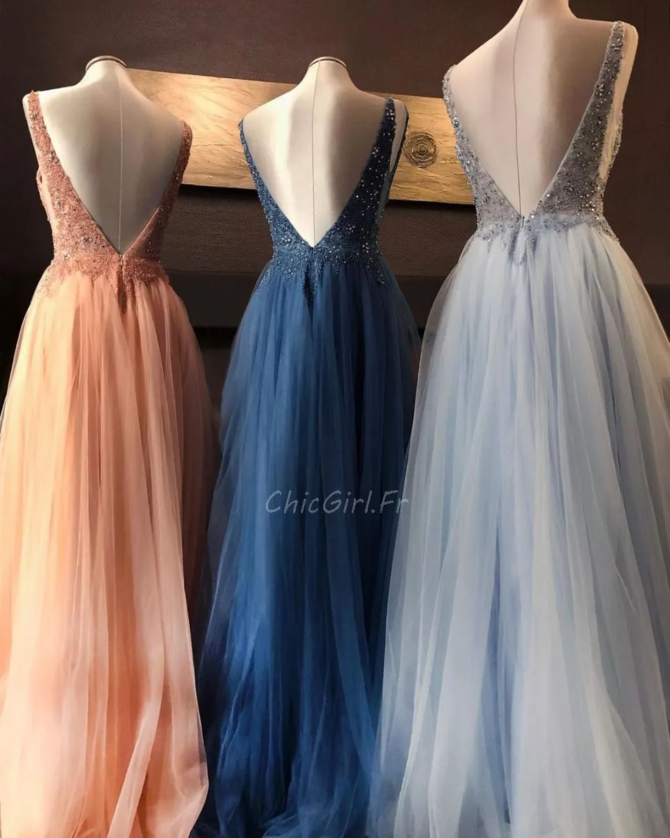 Belles Robe De Bal Princesse Longue Tulle Perle Décolleté Col V Dos Nu