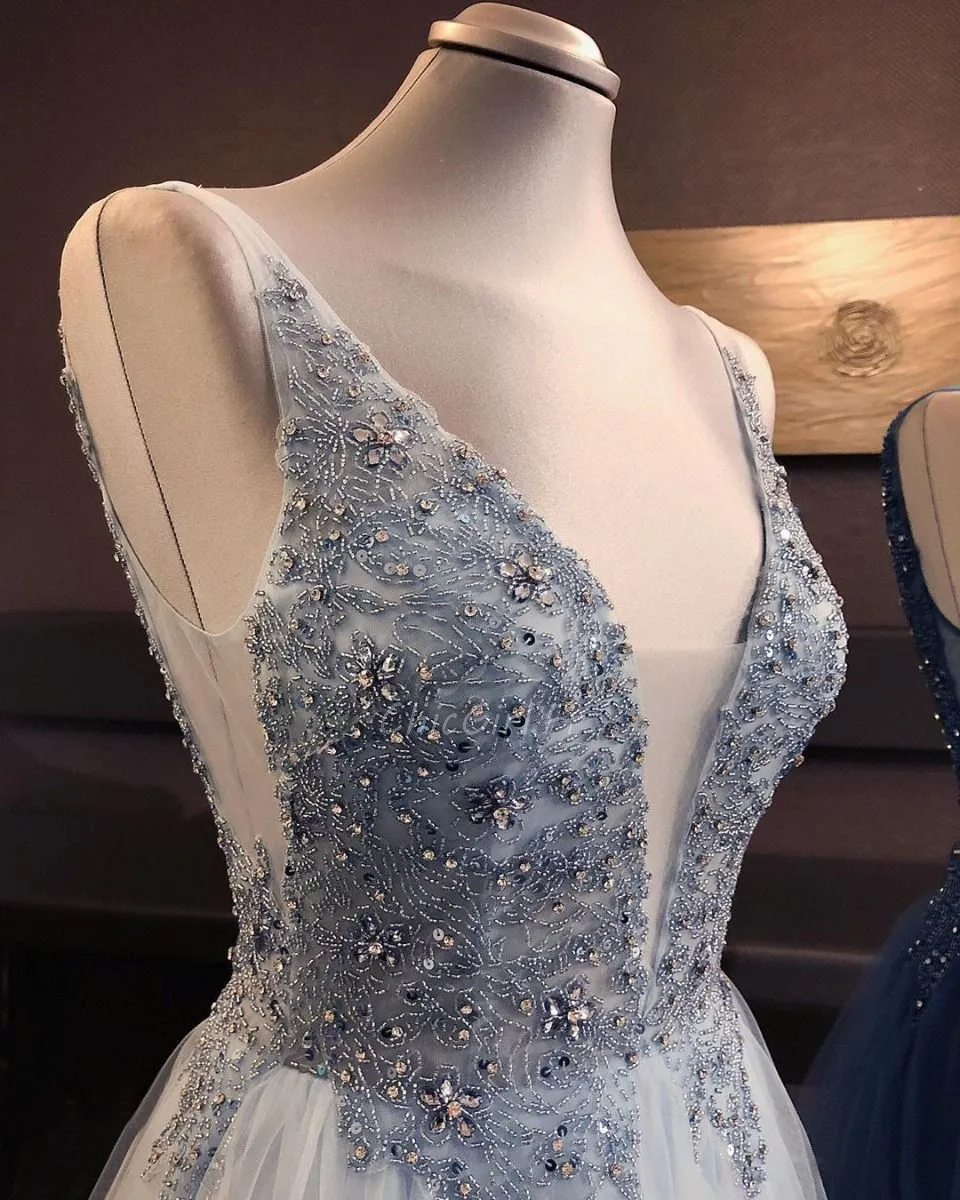 Belles Robe De Bal Princesse Longue Tulle Perle Décolleté Col V Dos Nu