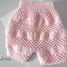 Bloomer bébé naissance, short bb, mousse et astrakan, calinou  rose layette tricot bb modèle sur commande