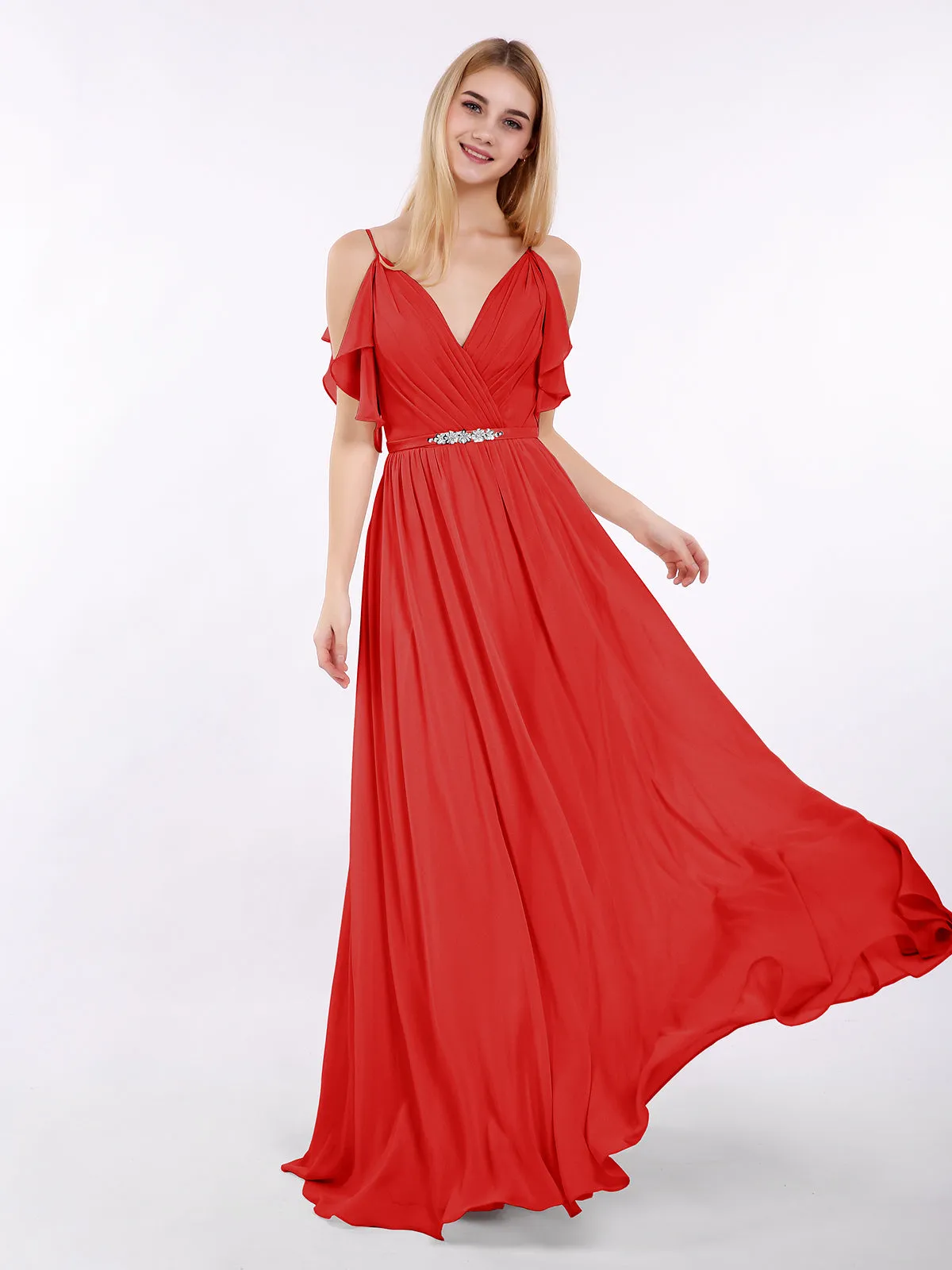 Bretelle Spaghetti Mousseline Robe avec Col en V Rouge Grande Taille