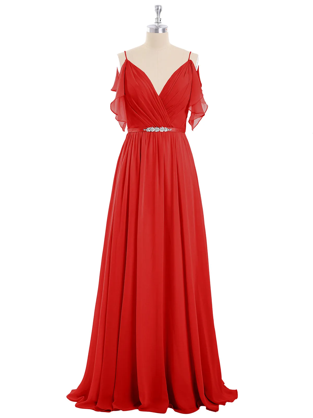 Bretelle Spaghetti Mousseline Robe avec Col en V Rouge Grande Taille