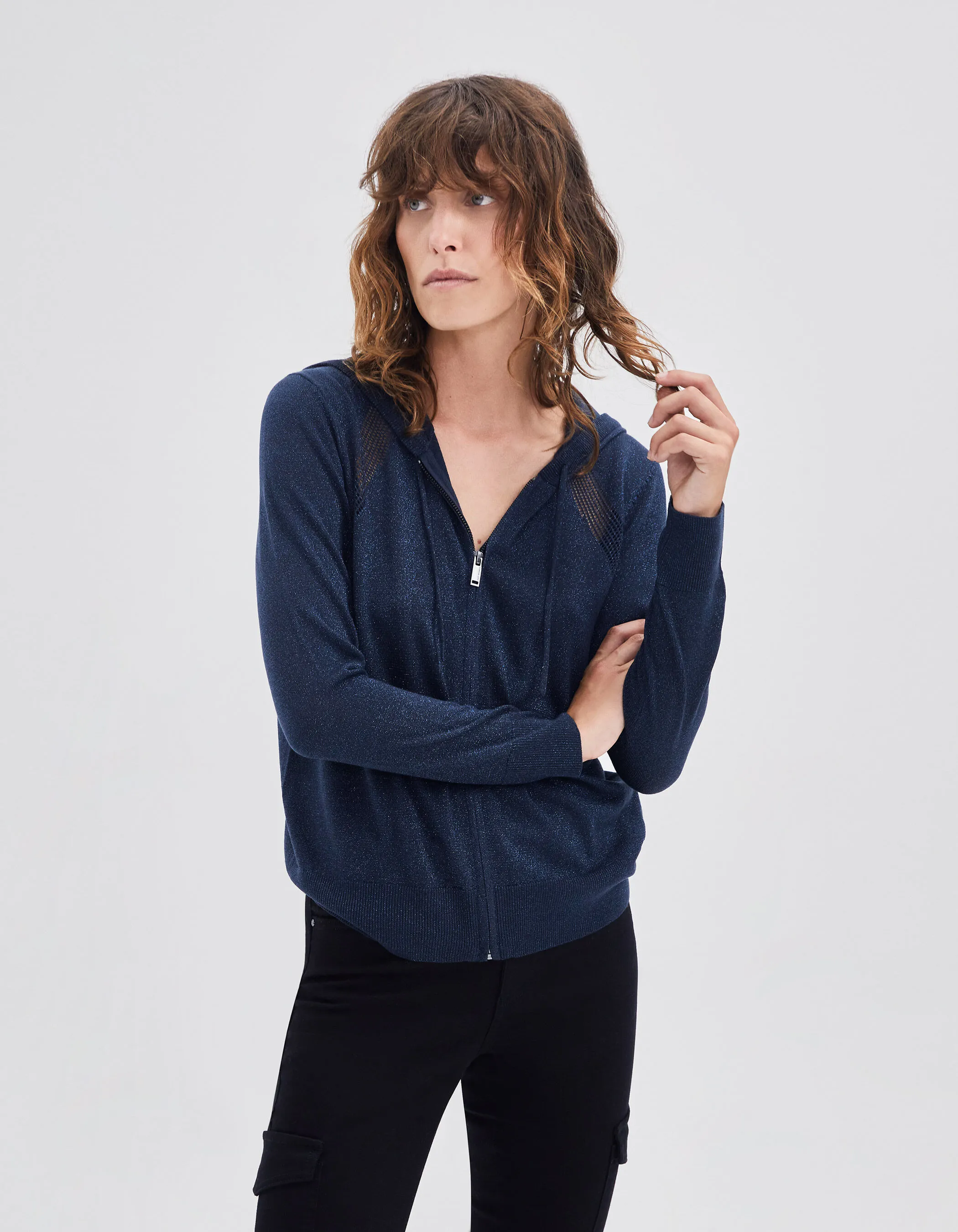 Cardigan marine tricot lurex à capuche Femme