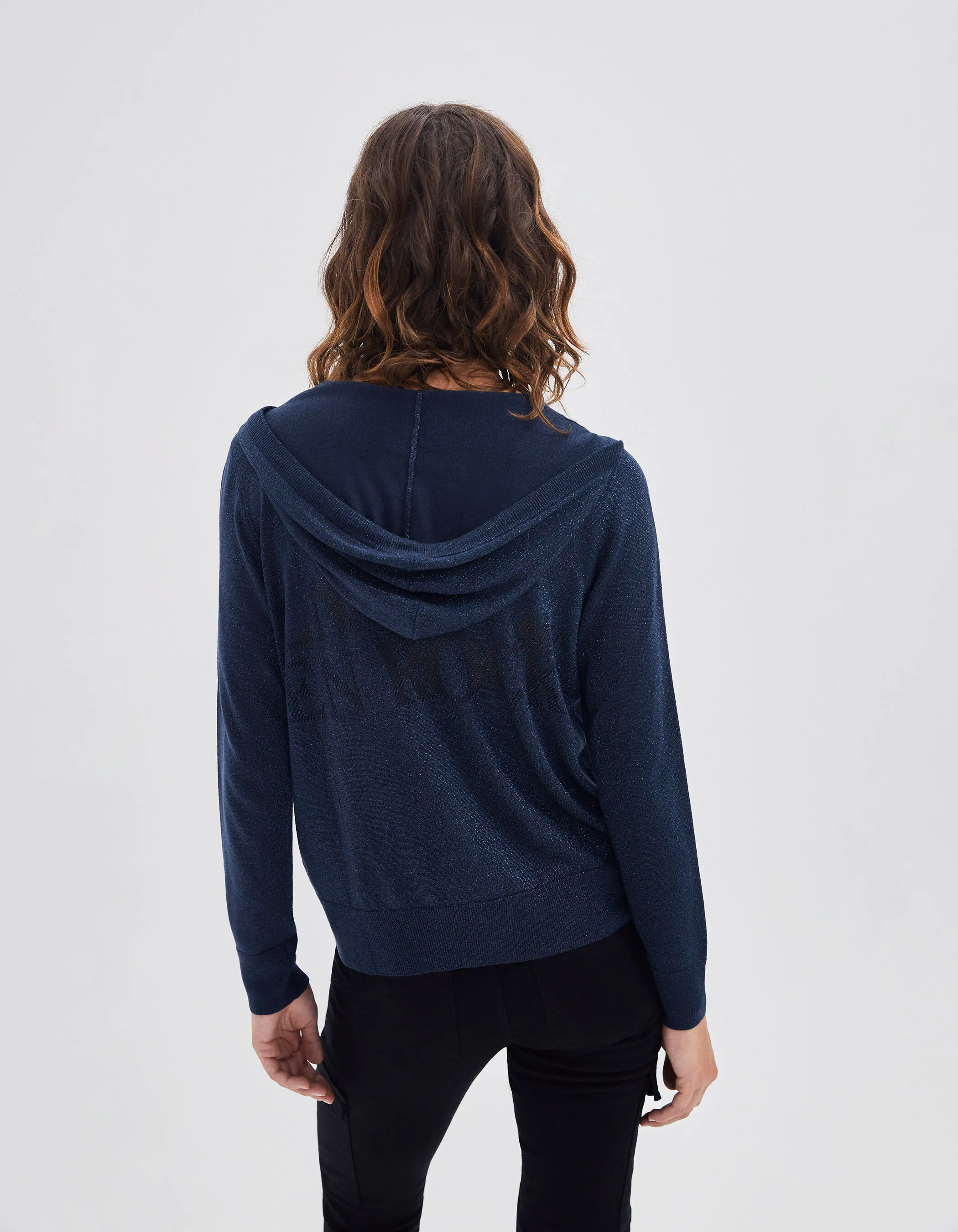 Cardigan marine tricot lurex à capuche Femme