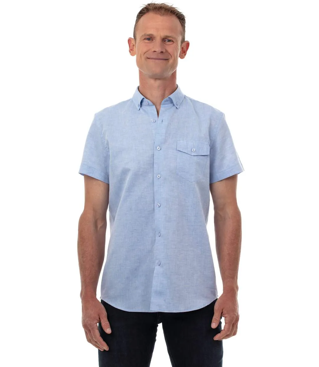 Chemise en Coton Lin Bleu Manches Courtes