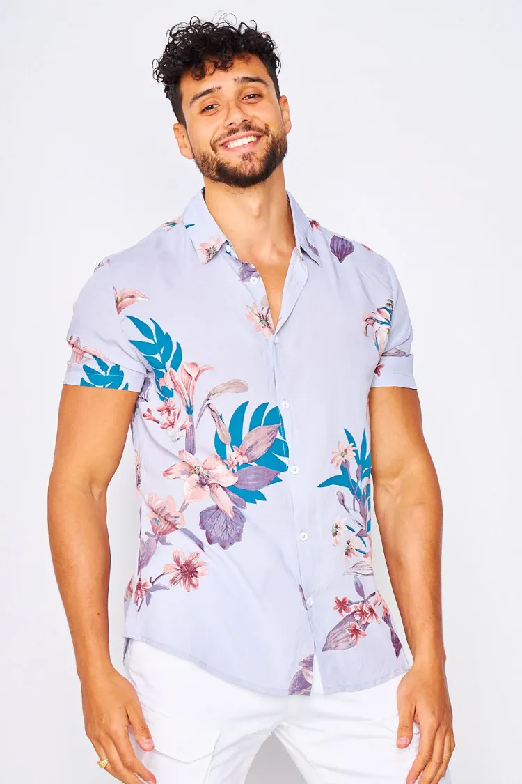 Chemise parme manches courtes motif tropical