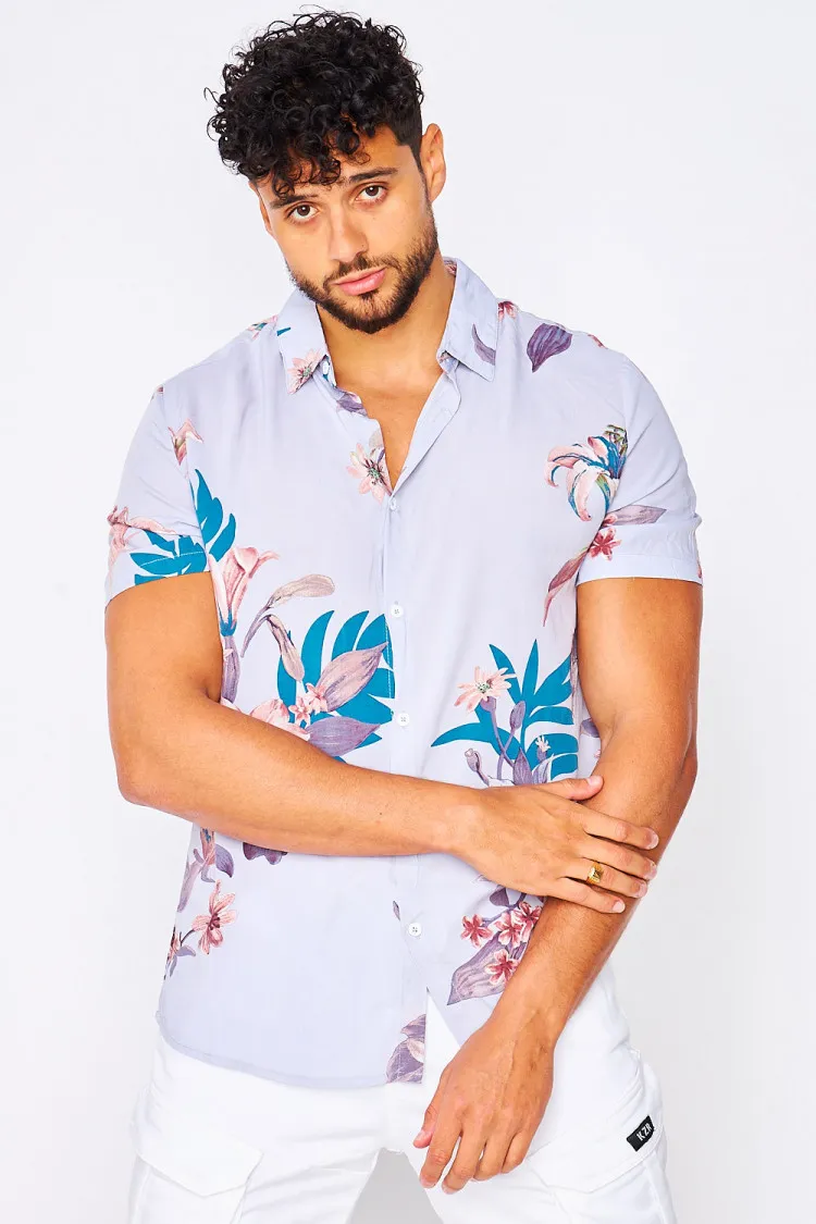 Chemise parme manches courtes motif tropical