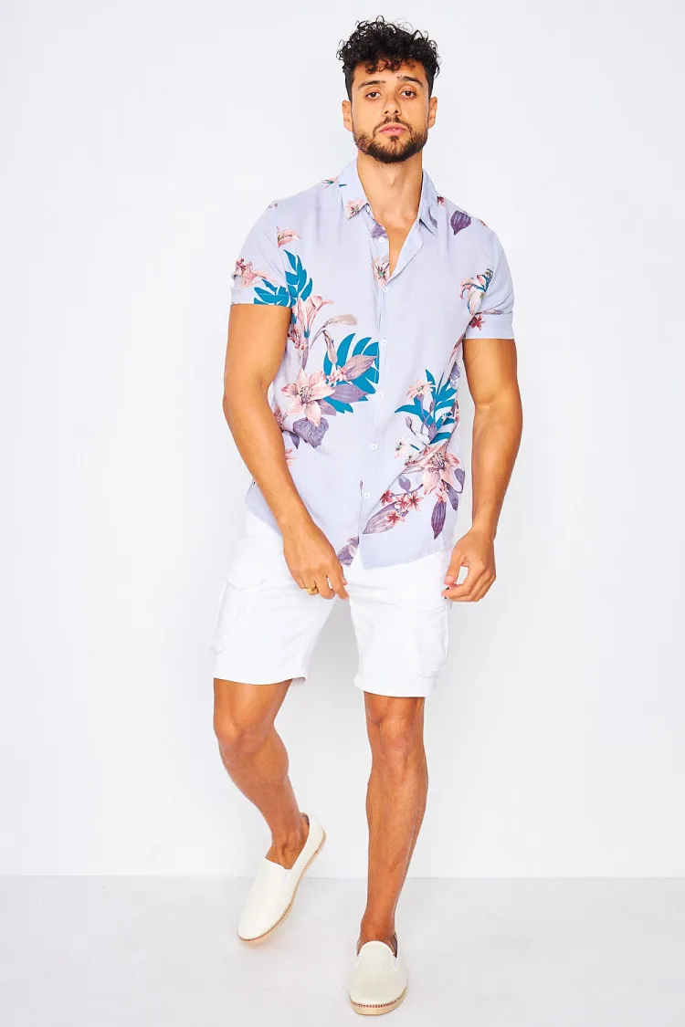 Chemise parme manches courtes motif tropical