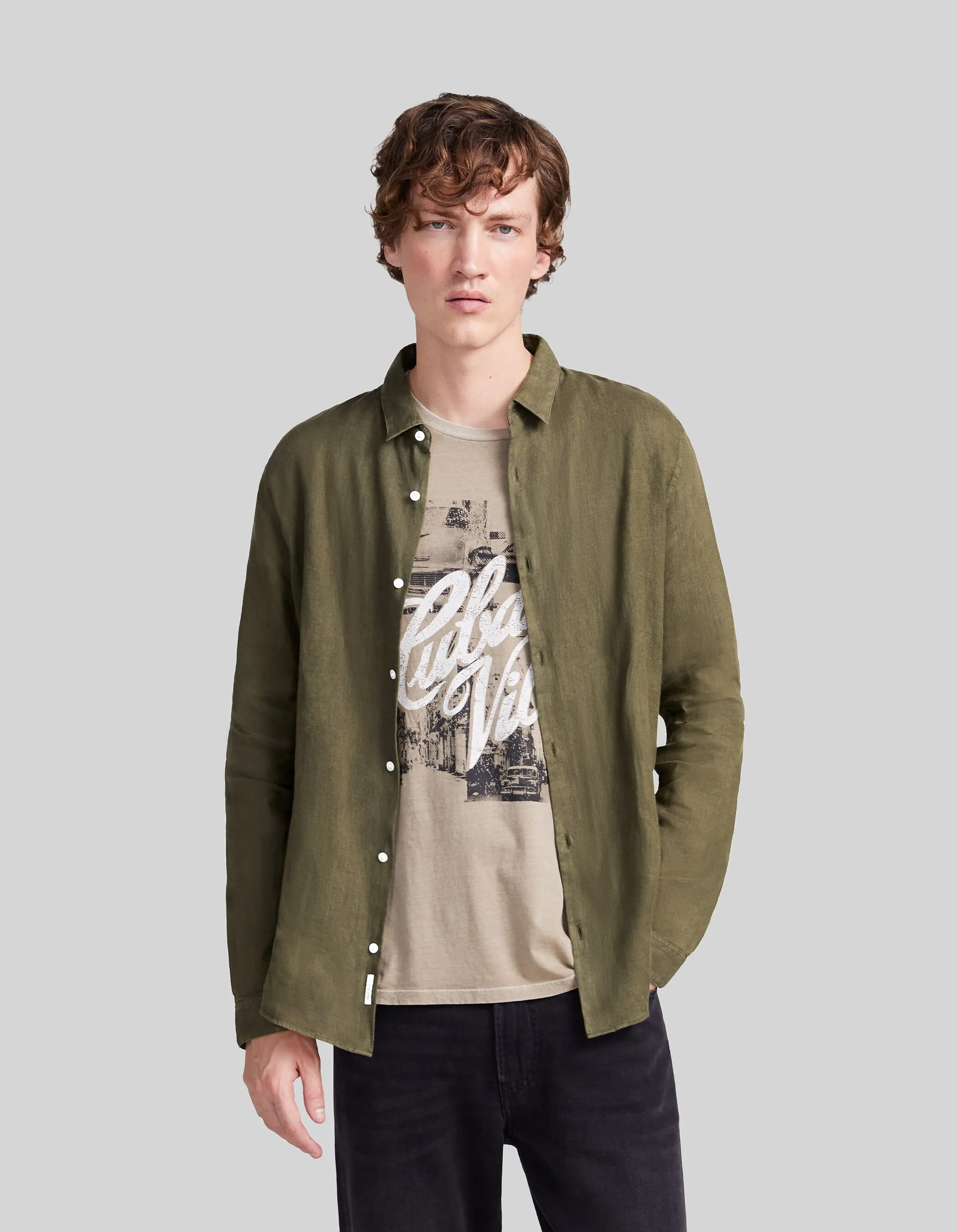 Chemise SLIM army green 100% lin Homme