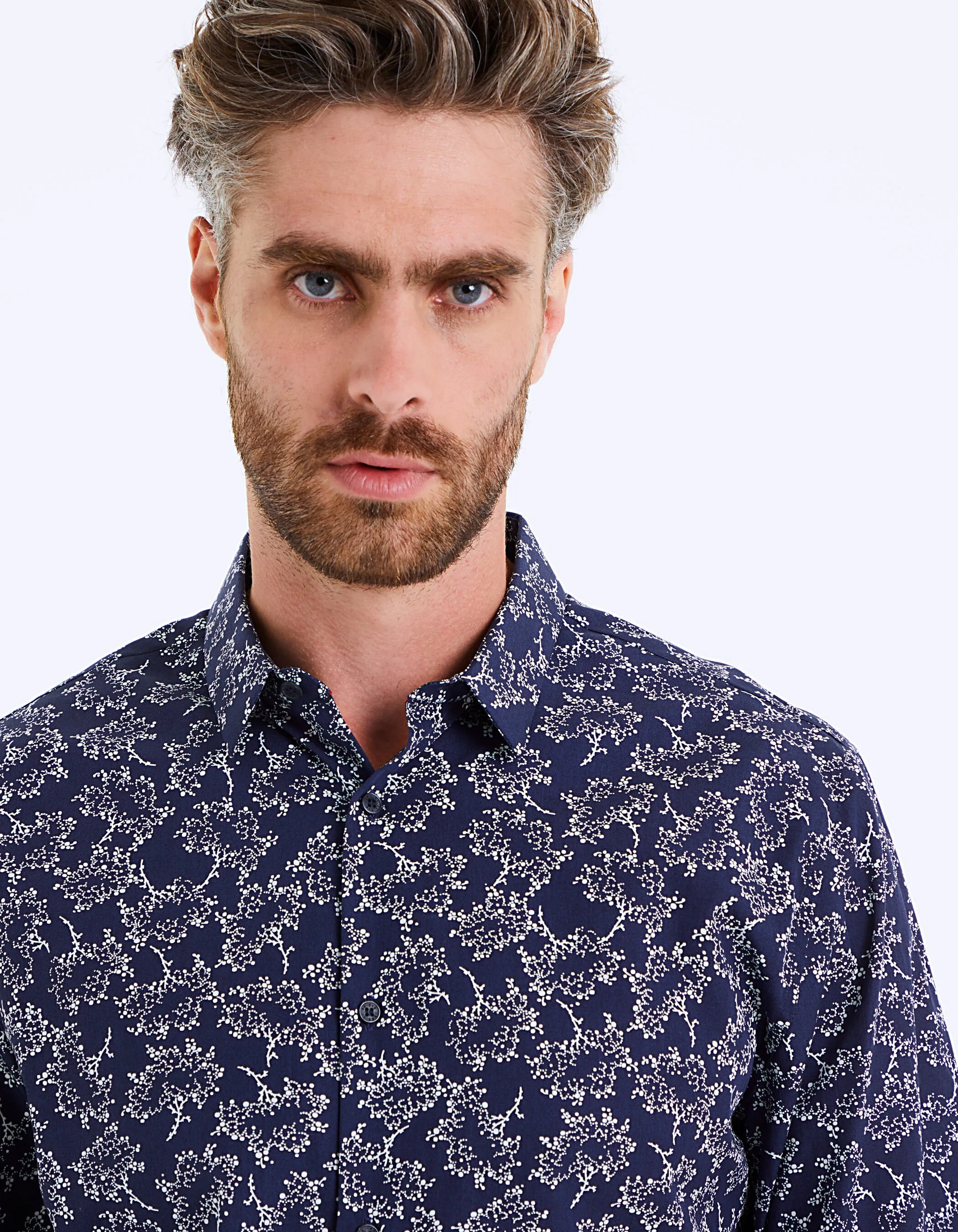 Chemise slim indigo à motif floral Homme