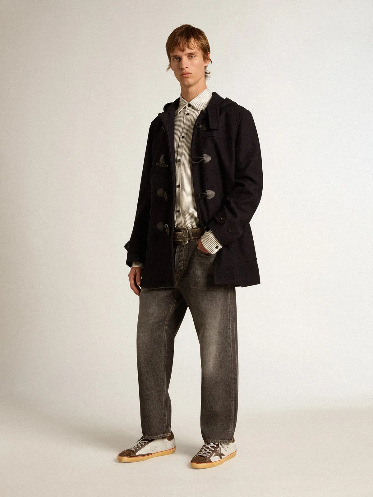 Duffle-coat en laine bleu foncé avec capuche et fermeture avec brandebourgs | Golden Goose