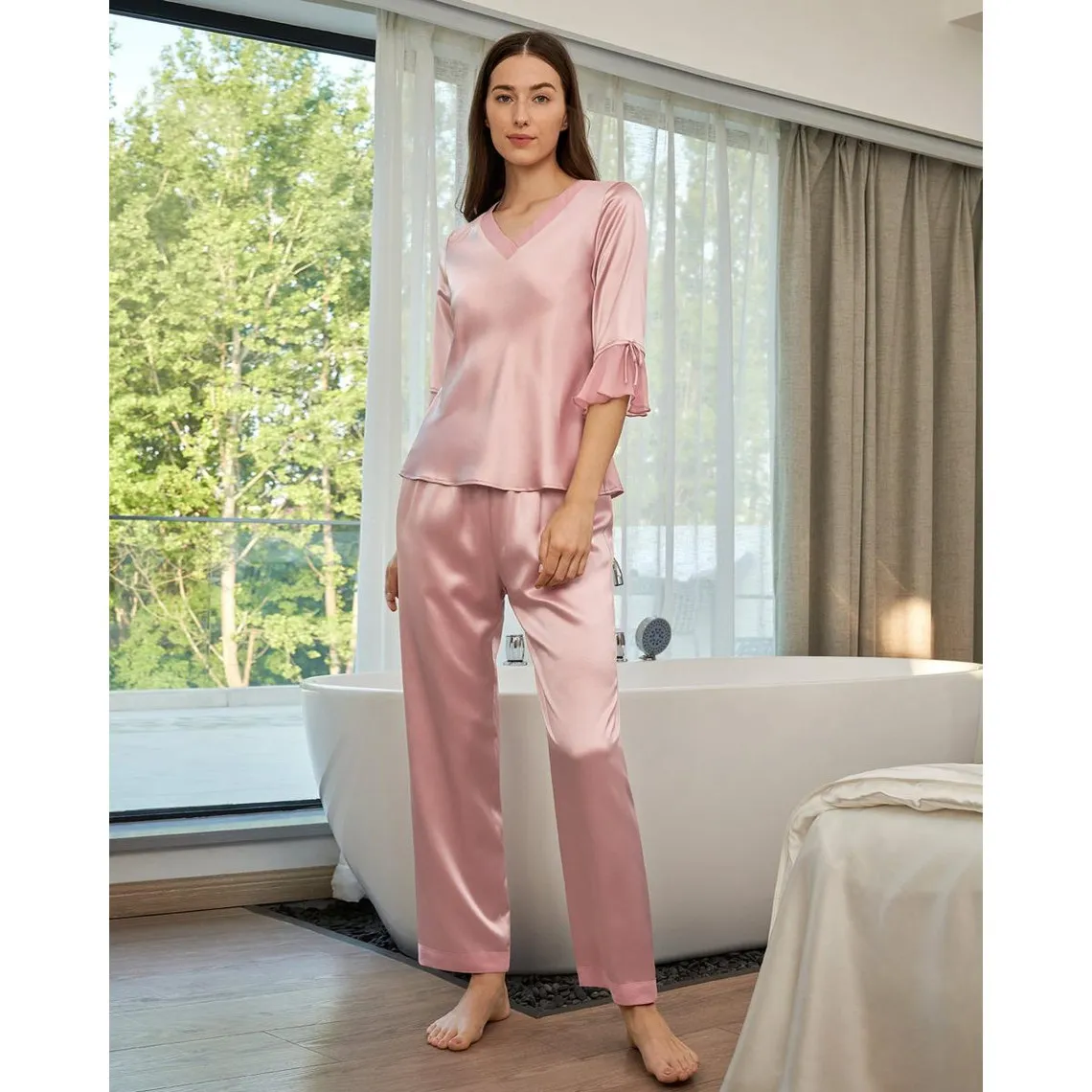 Ensemble De Pyjama En Soie  Dentelle rose poudre | 3 Suisses