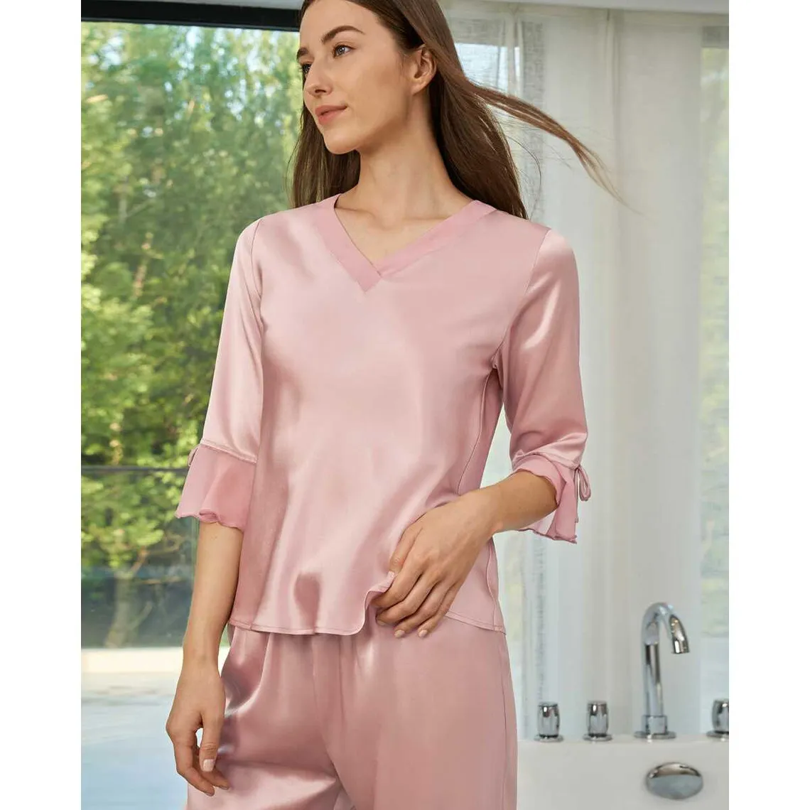 Ensemble De Pyjama En Soie  Dentelle rose poudre | 3 Suisses