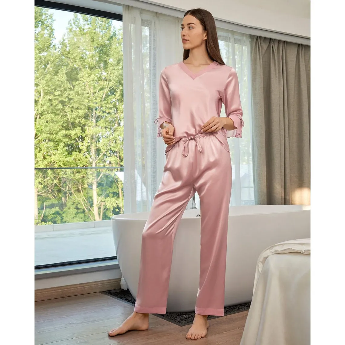 Ensemble De Pyjama En Soie  Dentelle rose poudre | 3 Suisses