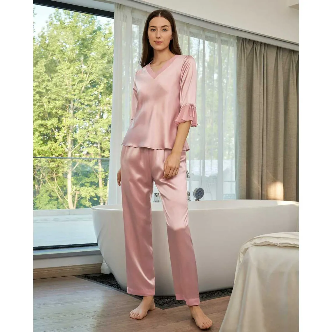 Ensemble De Pyjama En Soie  Dentelle rose poudre | 3 Suisses