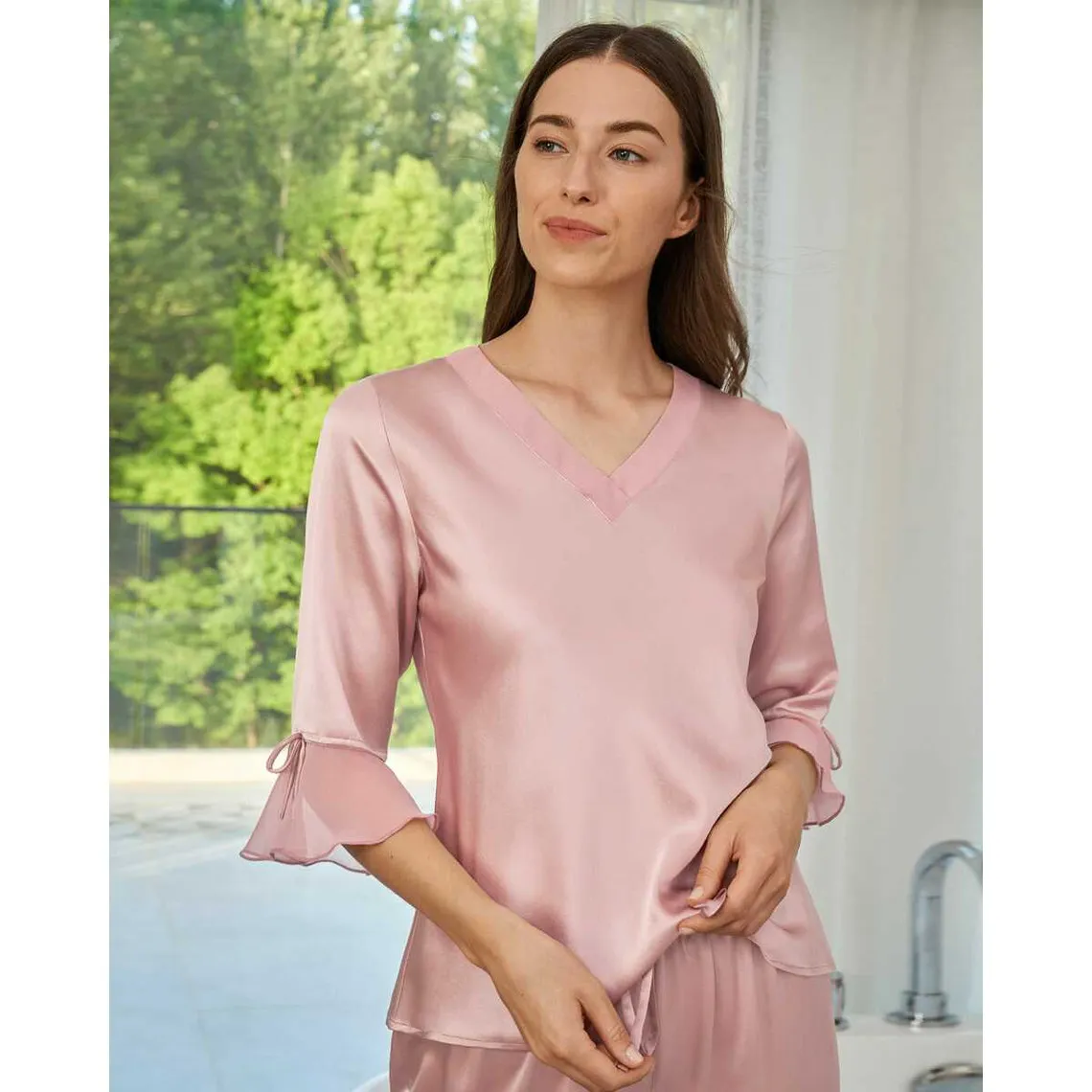 Ensemble De Pyjama En Soie  Dentelle rose poudre | 3 Suisses