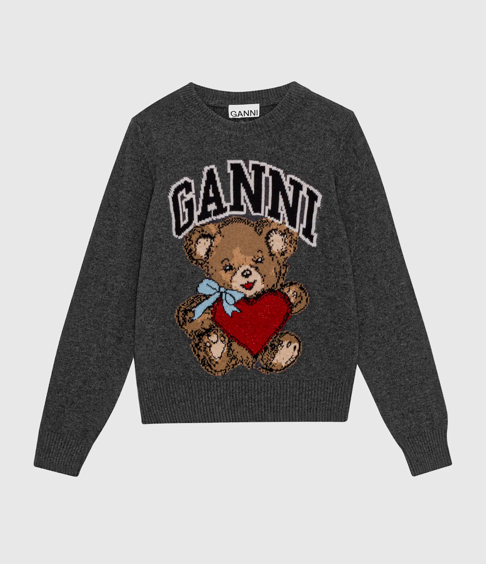 GANNI Partager  Pull Graphic Wool Mix Bear Crewneck Gray Quill  