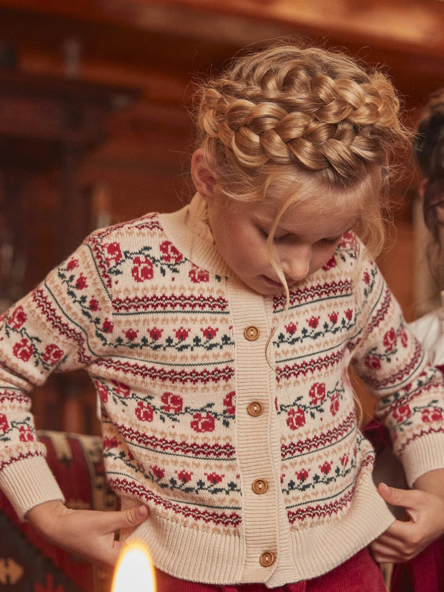 Gilet beige clair en maille à jacquard fleuri