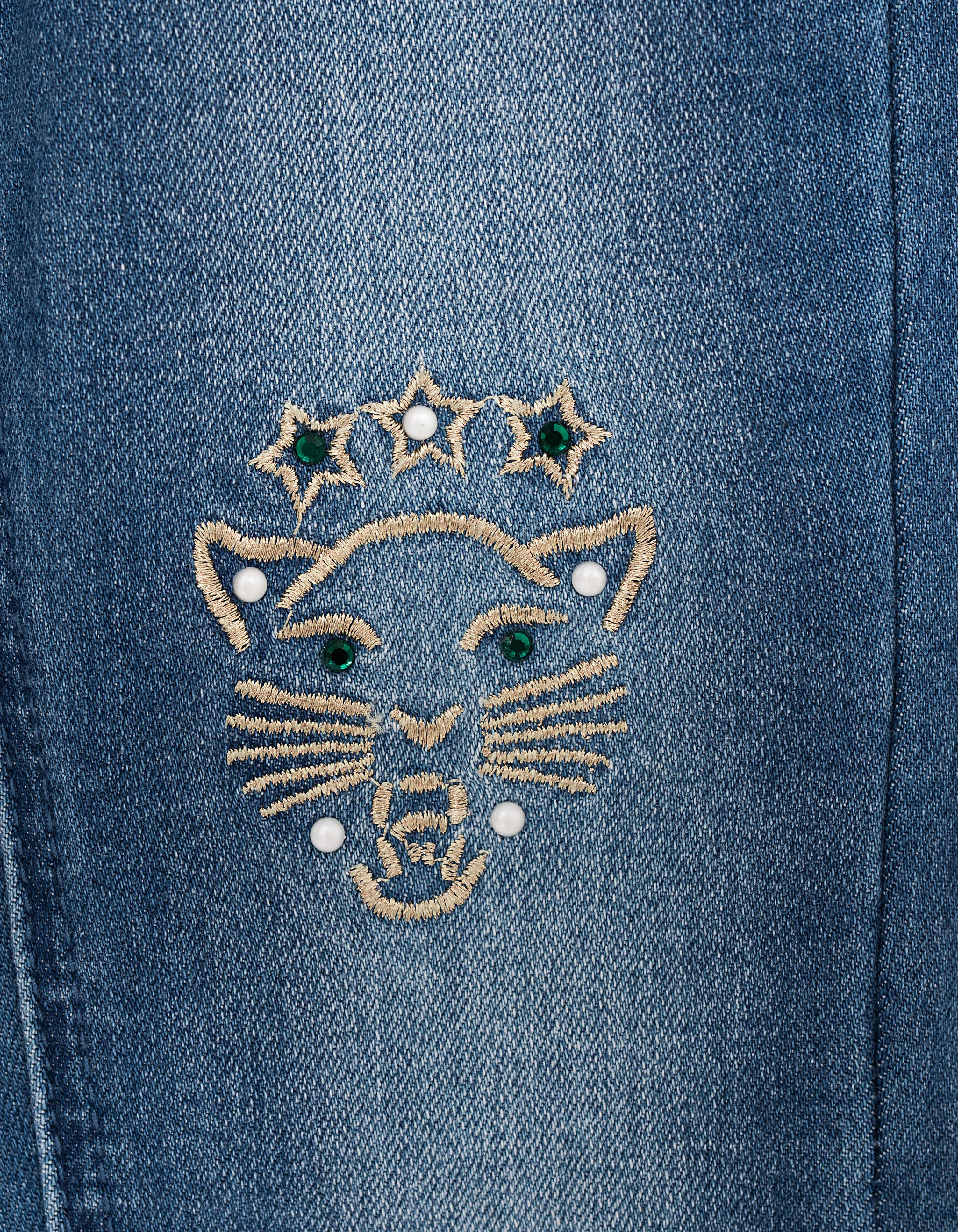 Jean skinny bleu brodé perles et strass fille