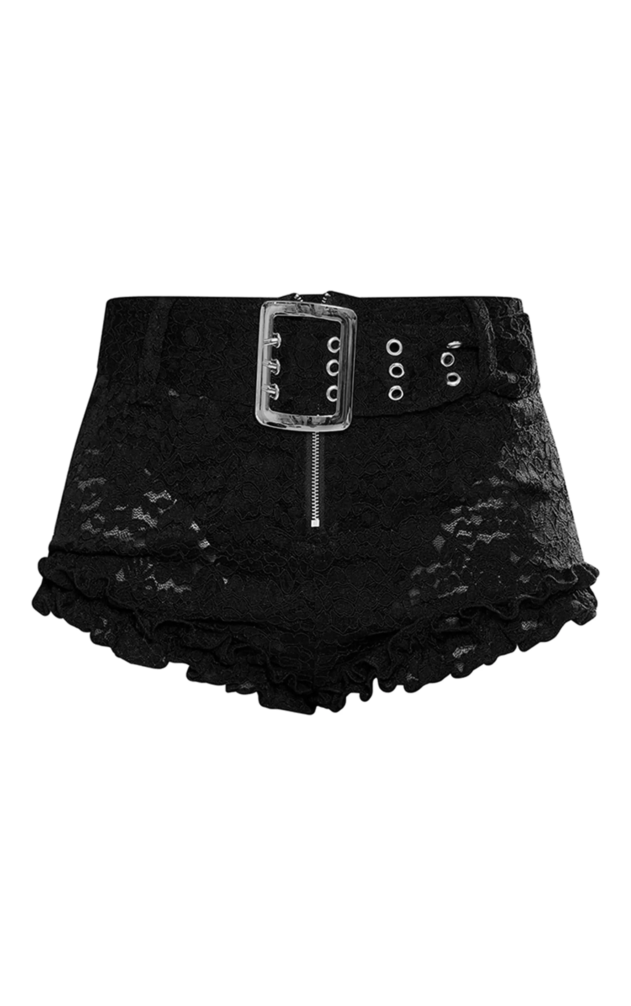 Mini-short ceinturé en broderie noire transparente et dentelle