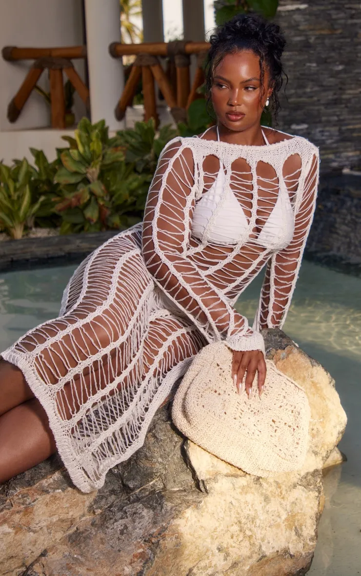 Plus Robe de plage longue en maille tricot déchirée crème