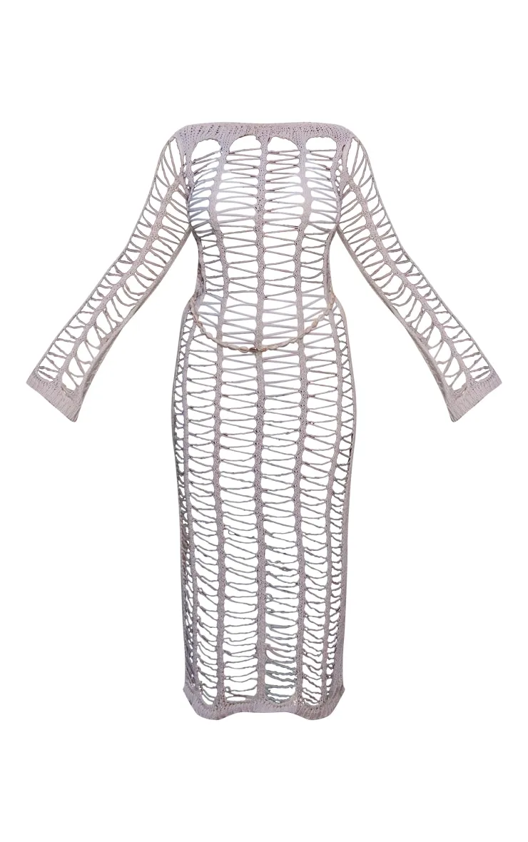 Plus Robe de plage longue en maille tricot déchirée crème