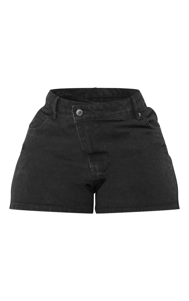 Plus Short boyfriend asymétrique délavé noir à bande sur la taille