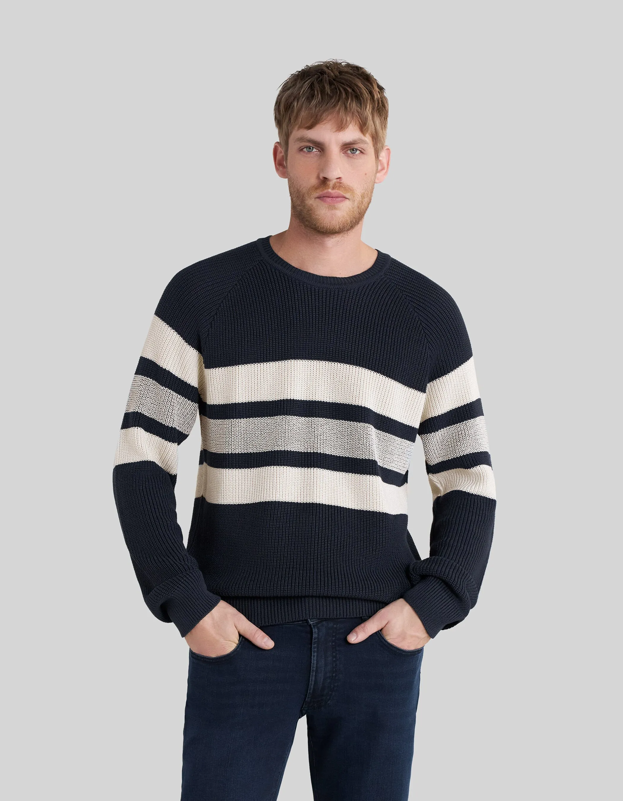 Pull marine tricot rayures écrues Homme