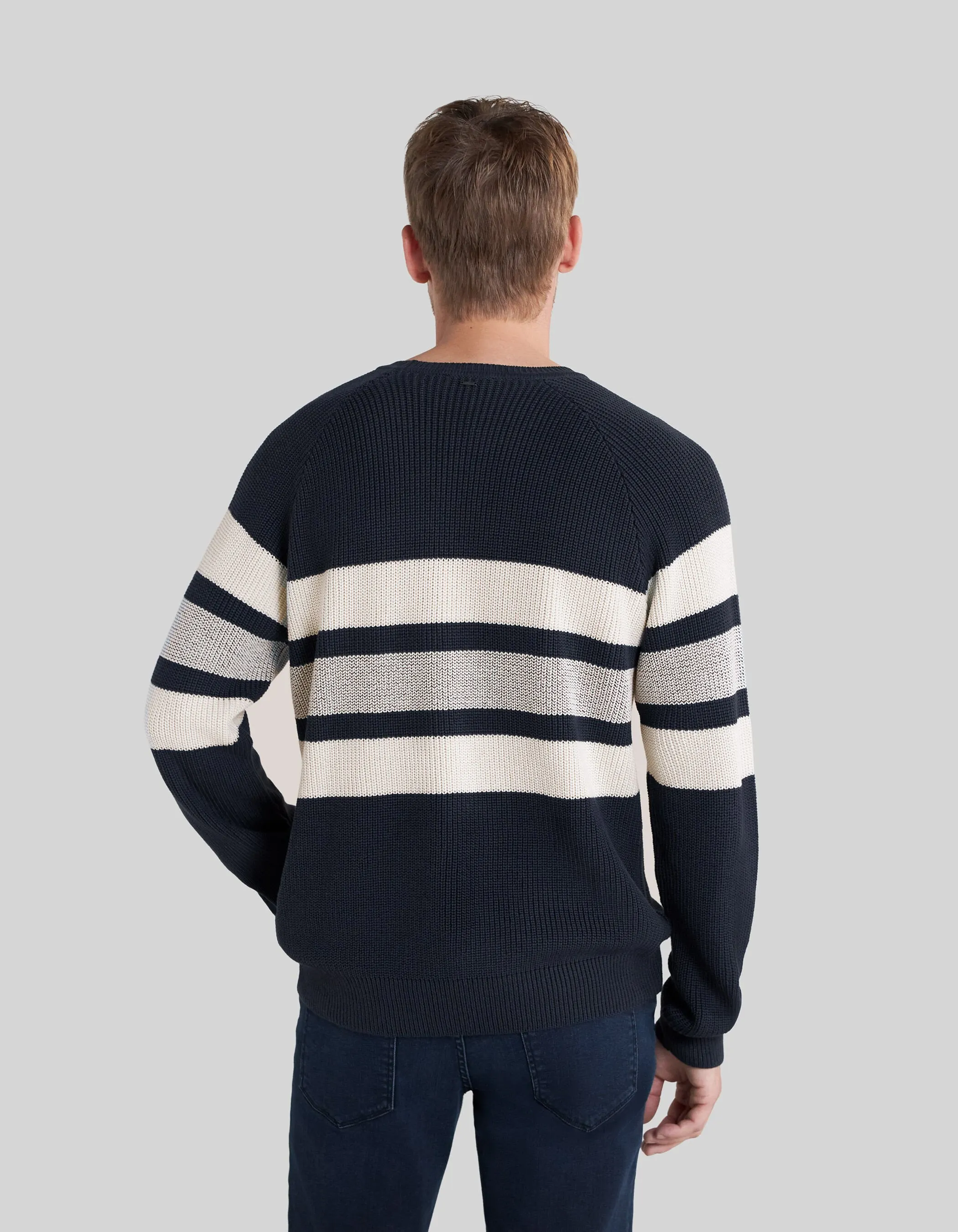 Pull marine tricot rayures écrues Homme