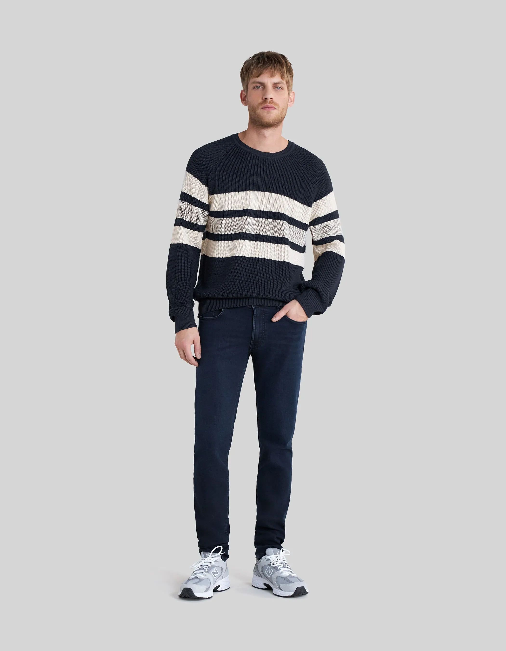 Pull marine tricot rayures écrues Homme