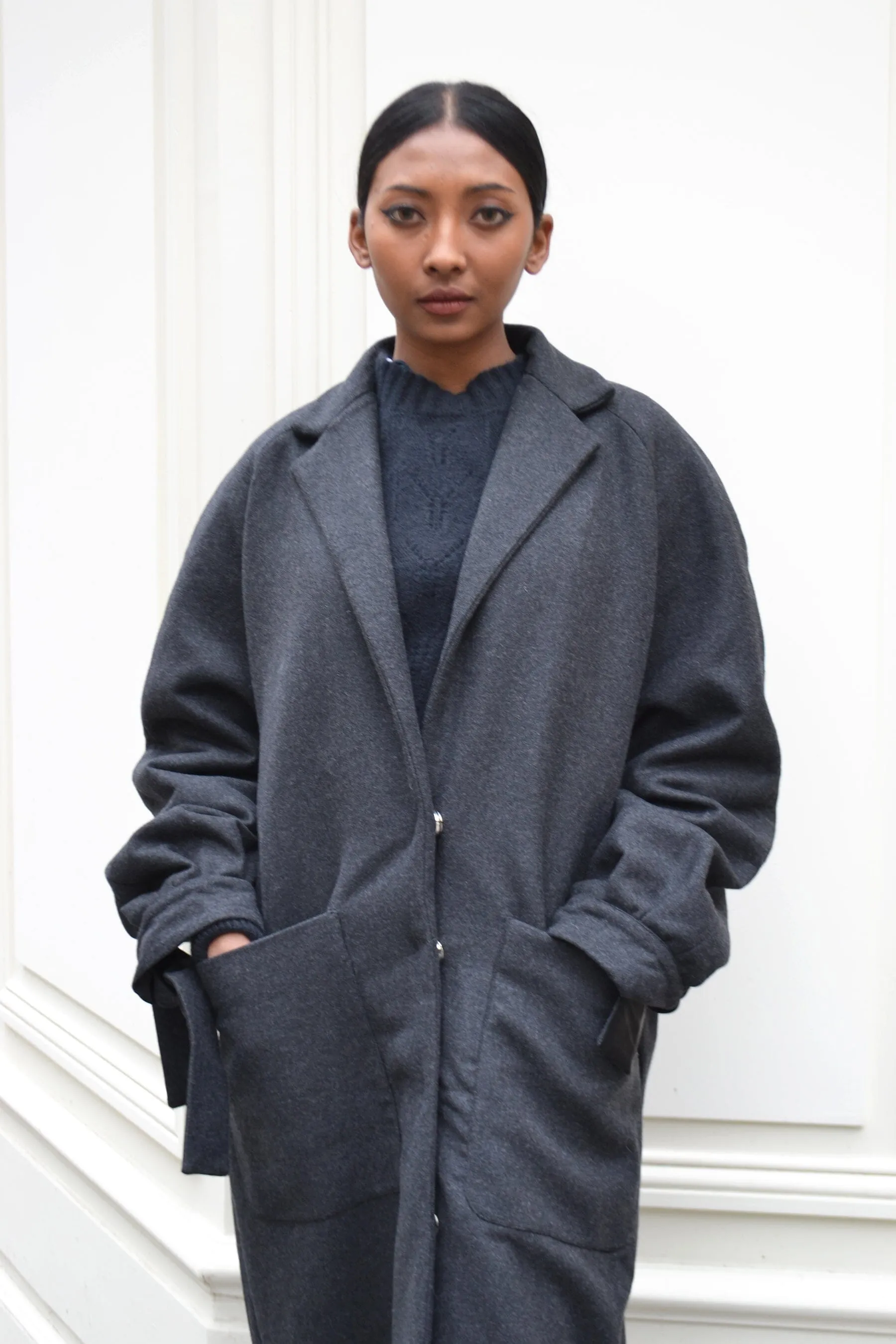 RINGO - Trenchcoat oversize poignets noués en laine Anthracite