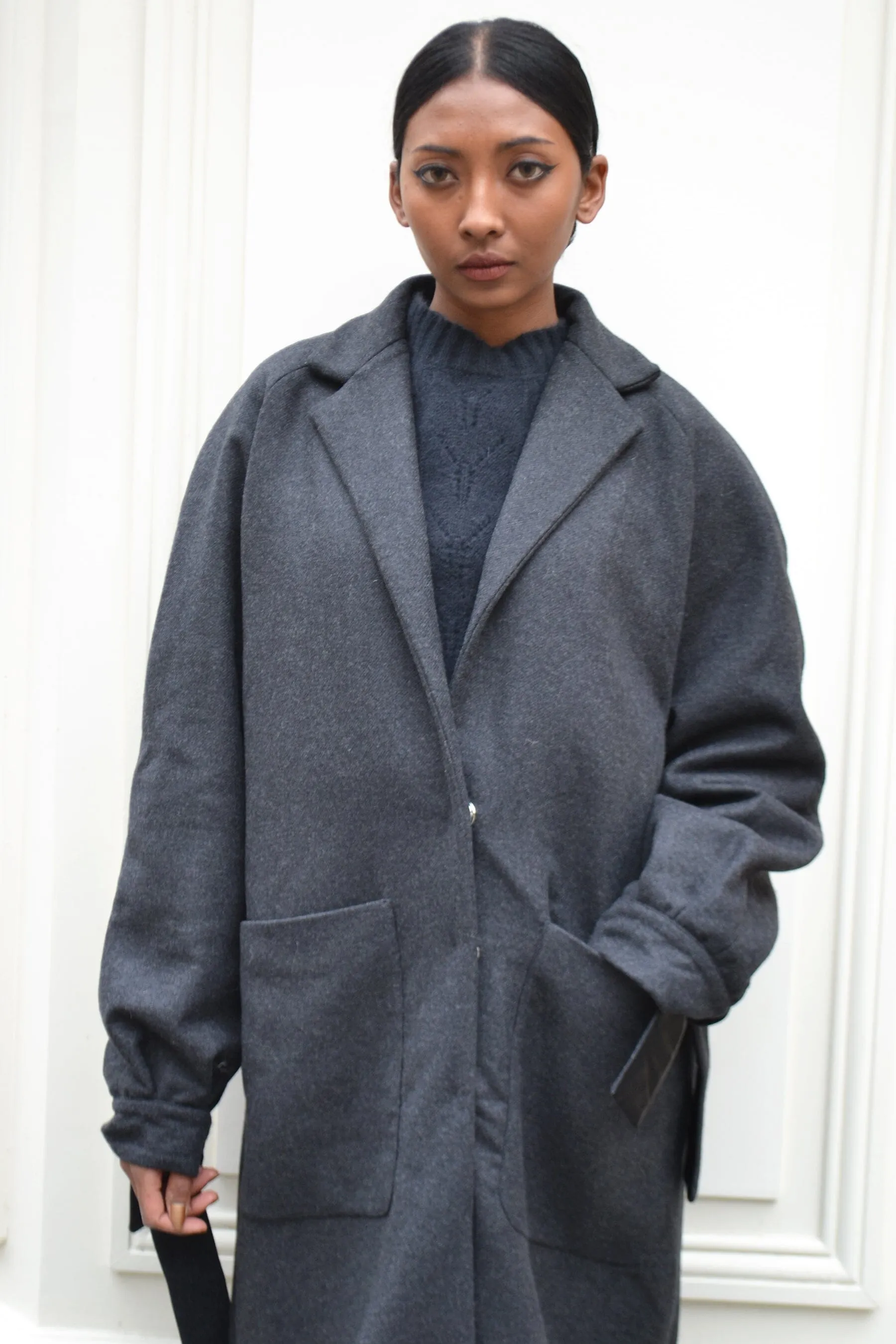 RINGO - Trenchcoat oversize poignets noués en laine Anthracite