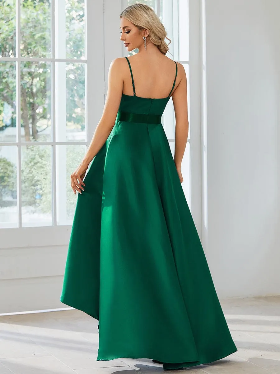 Robe de bal simple en satin haute basse avec bretelles fines