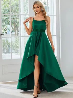 Robe de bal simple en satin haute basse avec bretelles fines