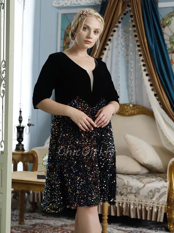 Robe De Fete Grande Taille Paillette Noire Courte Avec Manche