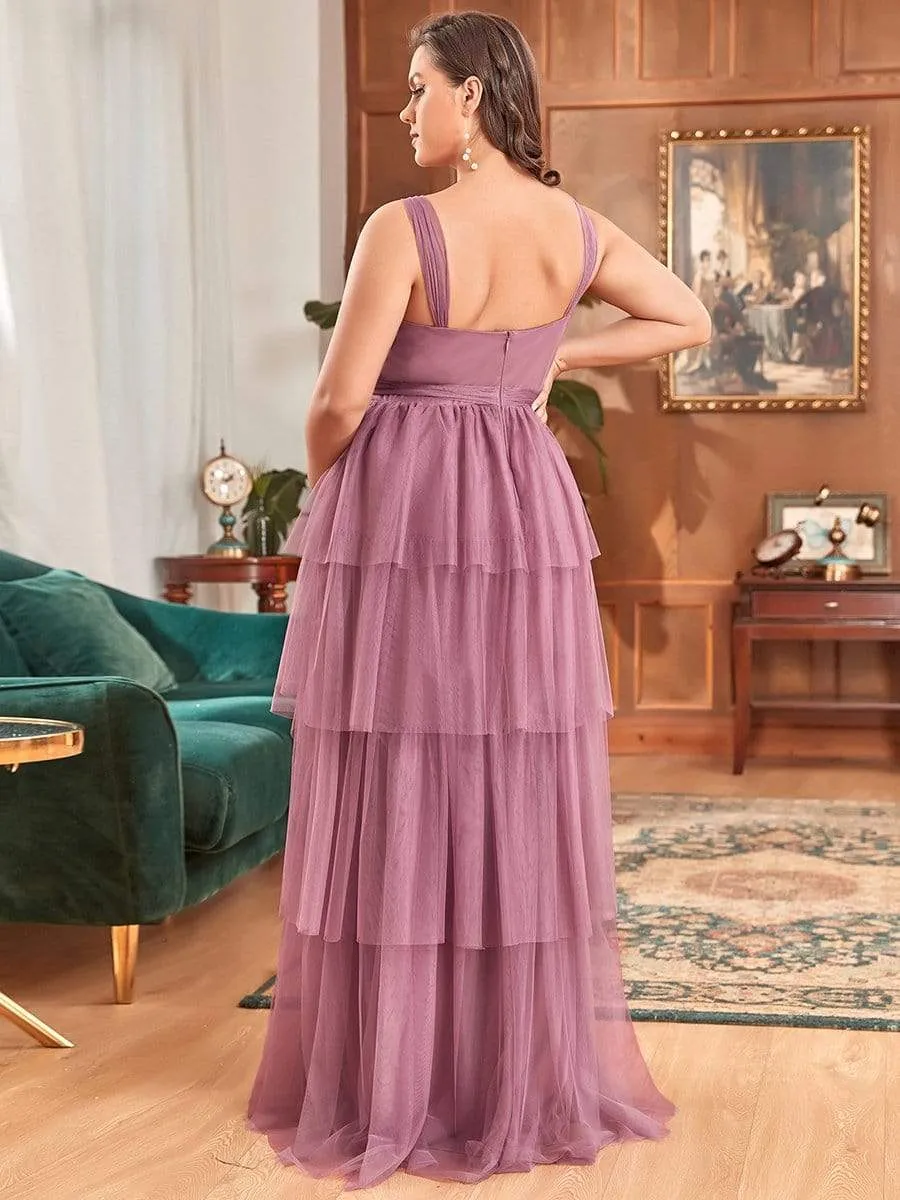 Robe de Grossesse Longue en Tulle Superposé à Côtes Mi-Longues Sans Manches en V Profond de Grande Taille