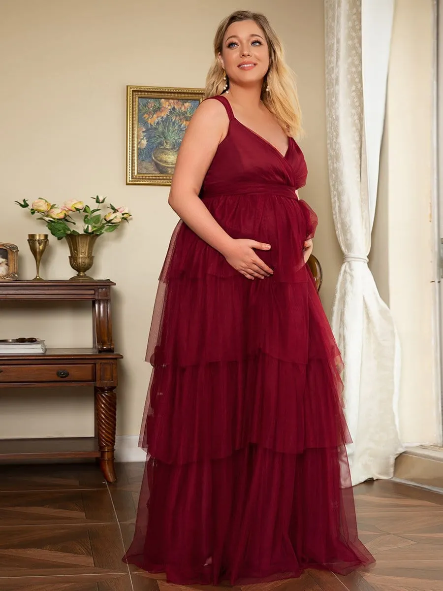 Robe de Grossesse Longue en Tulle Superposé à Côtes Mi-Longues Sans Manches en V Profond de Grande Taille