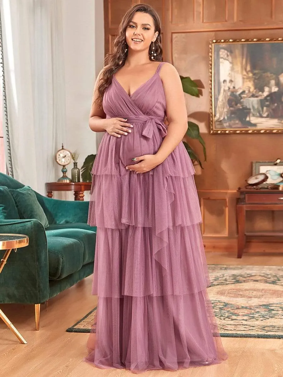 Robe de Grossesse Longue en Tulle Superposé à Côtes Mi-Longues Sans Manches en V Profond de Grande Taille