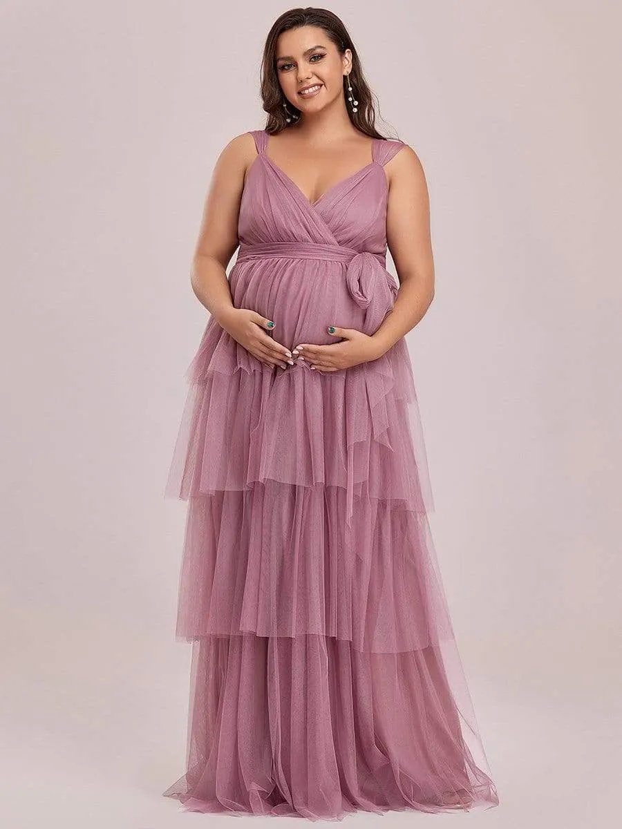 Robe de Grossesse Longue en Tulle Superposé à Côtes Mi-Longues Sans Manches en V Profond de Grande Taille