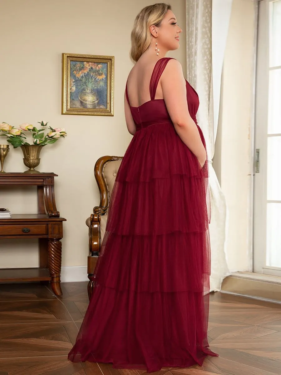 Robe de Grossesse Longue en Tulle Superposé à Côtes Mi-Longues Sans Manches en V Profond de Grande Taille