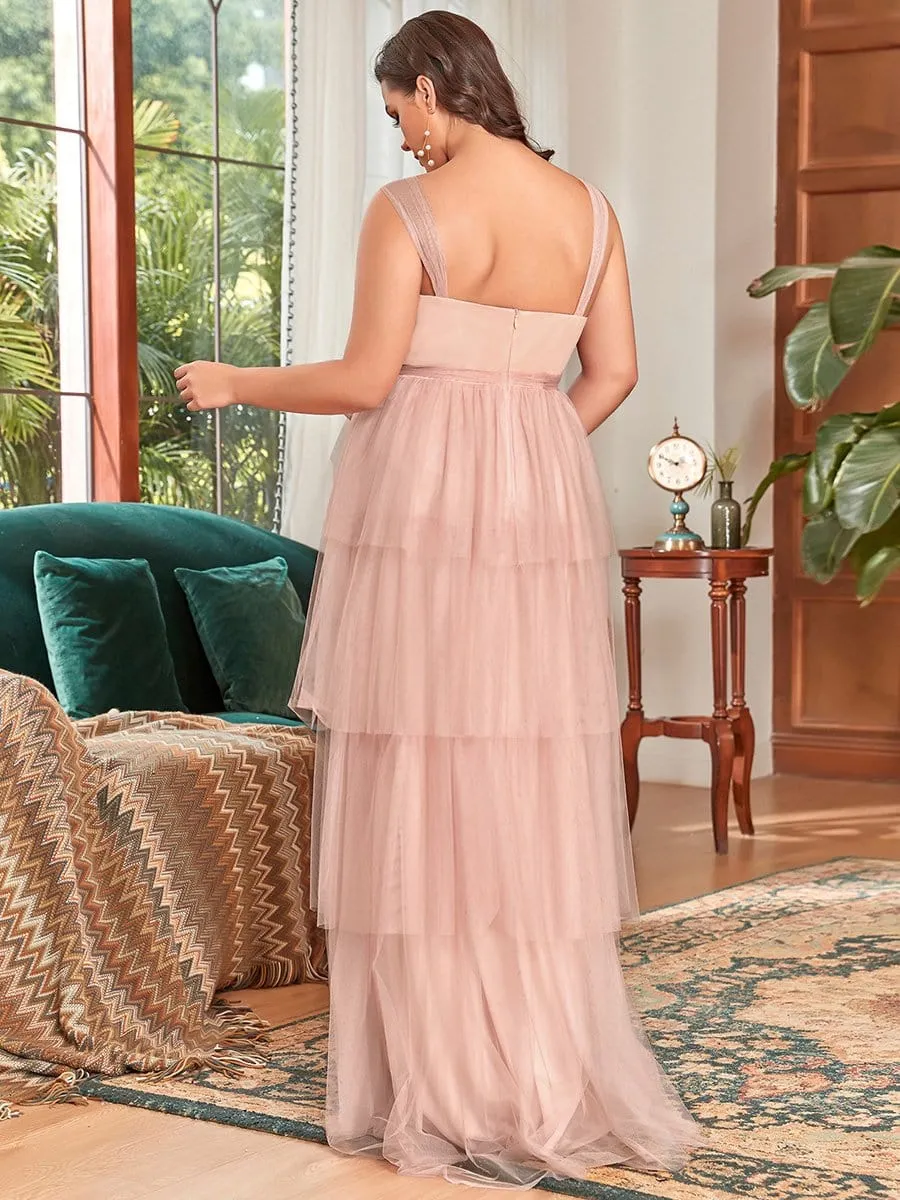 Robe de Grossesse Longue en Tulle Superposé à Côtes Mi-Longues Sans Manches en V Profond de Grande Taille