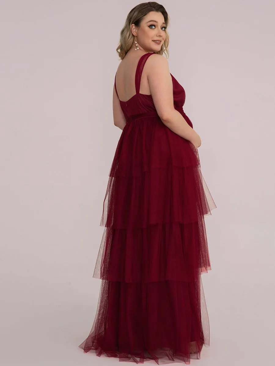 Robe de Grossesse Longue en Tulle Superposé à Côtes Mi-Longues Sans Manches en V Profond de Grande Taille