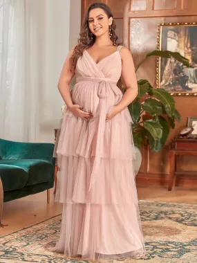 Robe de Grossesse Longue en Tulle Superposé à Côtes Mi-Longues Sans Manches en V Profond de Grande Taille