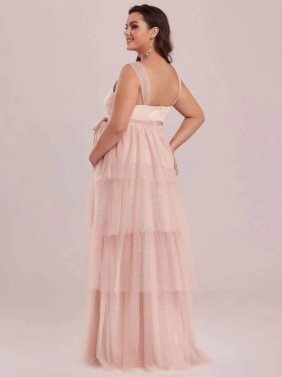 Robe de Grossesse Longue en Tulle Superposé à Côtes Mi-Longues Sans Manches en V Profond de Grande Taille