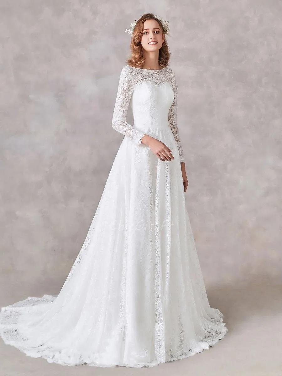 Robe De Mariée Princesse Col Bateau Dentelle Manche Longue Dos Fermé Modeste