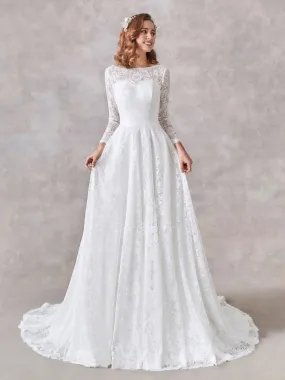 Robe De Mariée Princesse Col Bateau Dentelle Manche Longue Dos Fermé Modeste