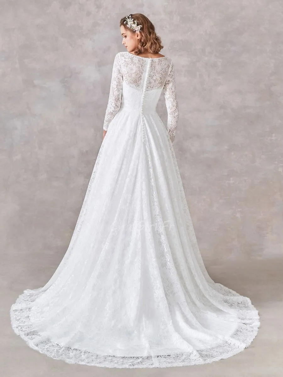 Robe De Mariée Princesse Col Bateau Dentelle Manche Longue Dos Fermé Modeste