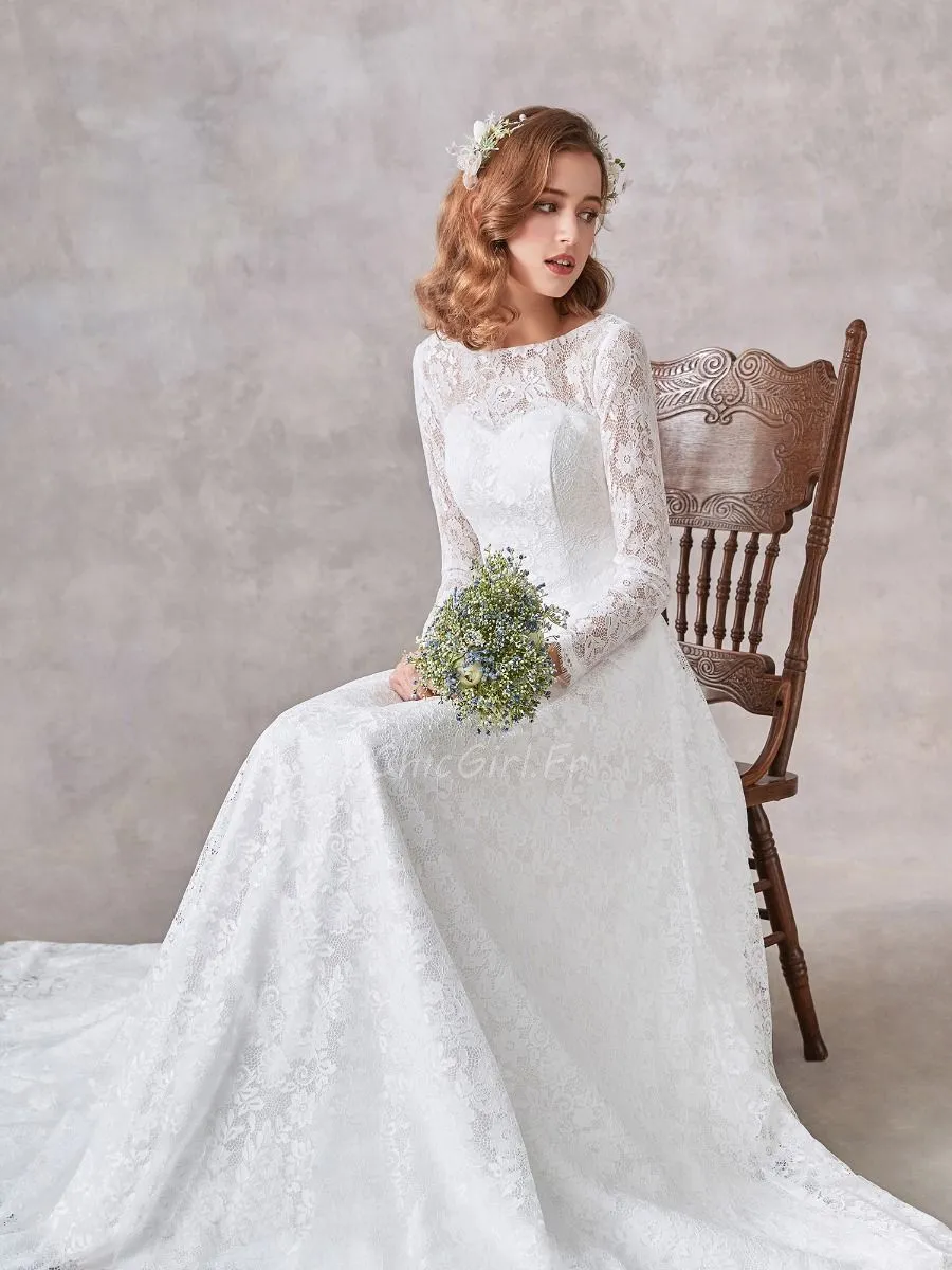 Robe De Mariée Princesse Col Bateau Dentelle Manche Longue Dos Fermé Modeste