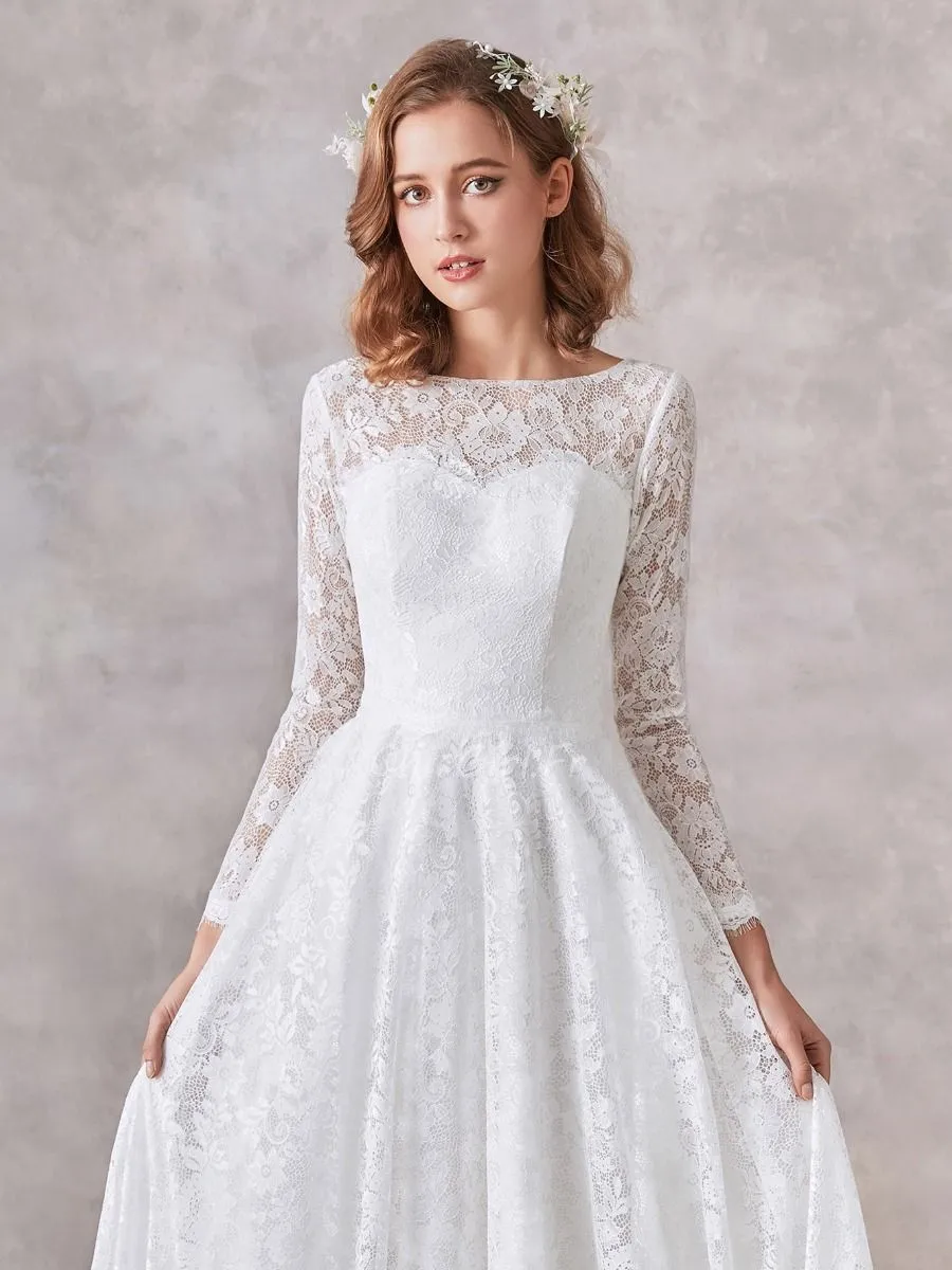 Robe De Mariée Princesse Col Bateau Dentelle Manche Longue Dos Fermé Modeste