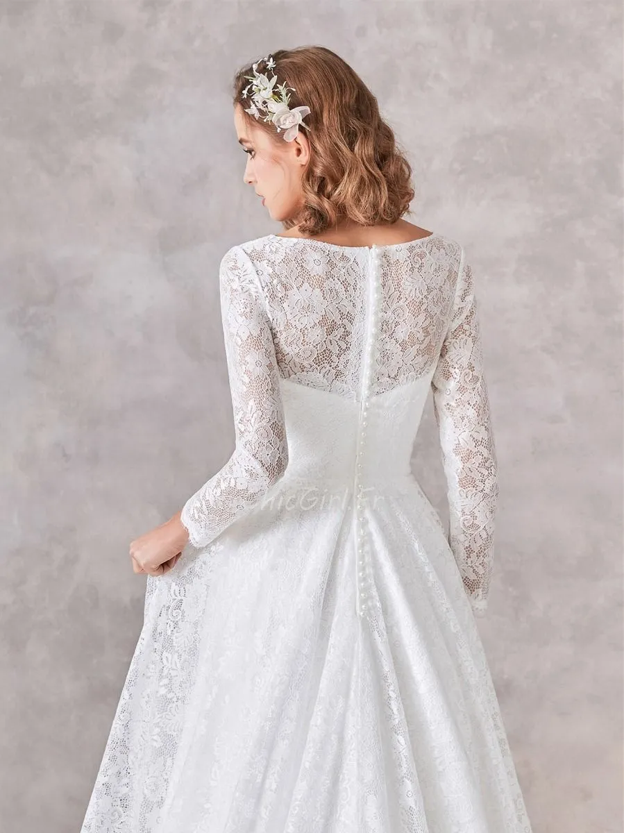 Robe De Mariée Princesse Col Bateau Dentelle Manche Longue Dos Fermé Modeste